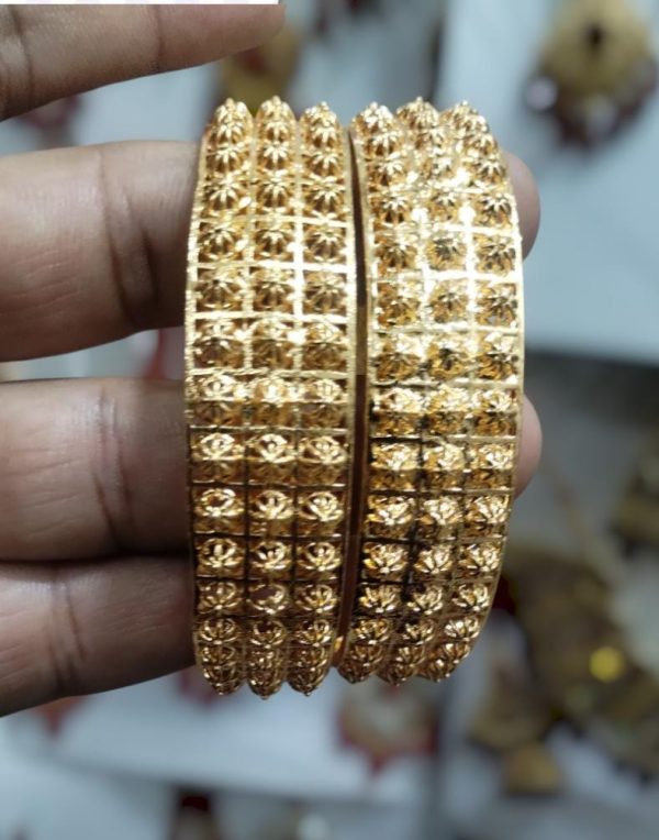 Golden Brass Bangles For Women – 1 Pair Artificial Jewelry Bangles In Bright Gold Color For Daily Use, Festive Wear, And Party Styling