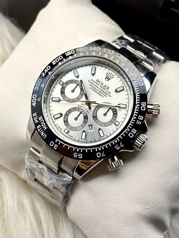 Rolex Daytona Rotating Bezel Quartz Machine | Quartz Chronograph Movement Silver Stainless Steel Strap Watch With Master Lock For Men ( Without Box )