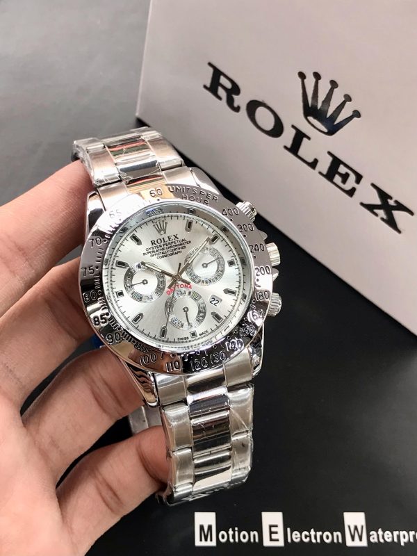 Rolex Daytona Rotating Bezel Quartz Machine | Quartz Chronograph Movement Silver Stainless Steel Strap Watch With Master Lock For Men ( Without Box )