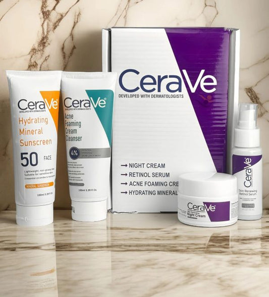Complete Skin Care Kit – Night Cream, Retinol Serum, Acne Foaming Cleanser & Hydrating Mineral Sunscreen