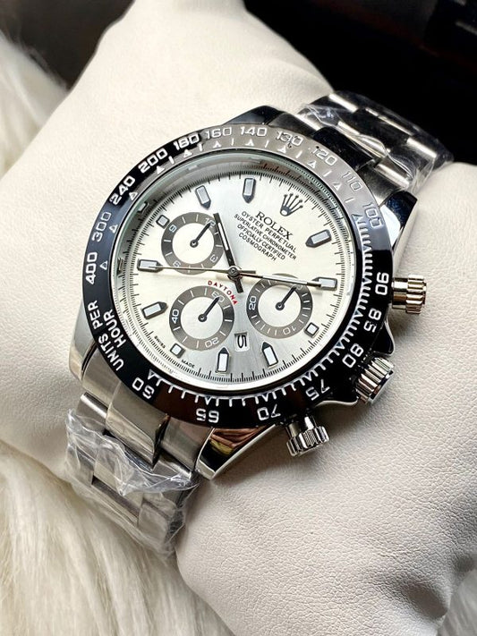 Rolex Daytona Rotating Bezel Quartz Machine | Quartz Chronograph Movement Silver Stainless Steel Strap Watch With Master Lock For Men ( Without Box )